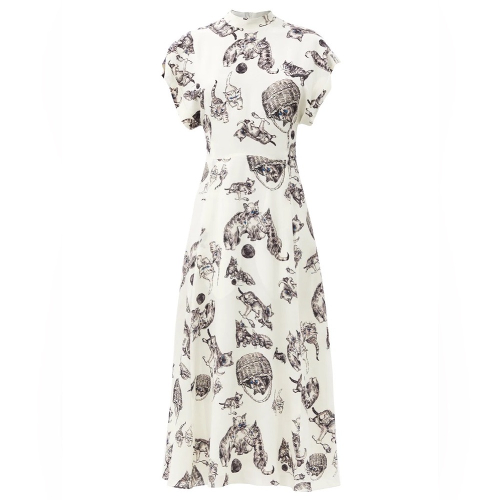 _SOLD_  Ivory Silk Midi Dress – cat Kitten Print